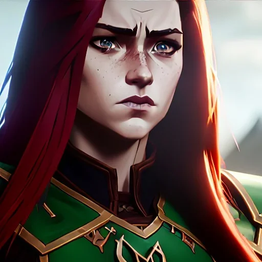 realistic, hyper detailed, stunningly beautiful 16 year old teen girl, long ginger hair, green eyes, medium freckles, full lips, revealing leather armour, full body and head, c-cup breasts, stern expression, full frame, petite, ignore NSFW, shortbow, quiver on hip