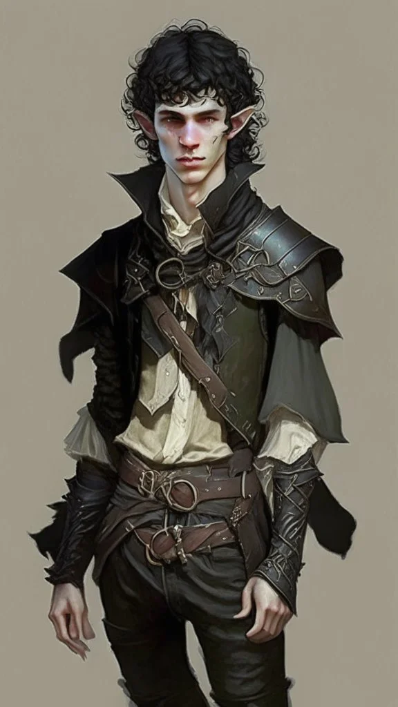 ron koza style, young man elf, he has curly, black hair and sharp cheekbones. His eyes are black. pale skin. He wears fantasy medieval clothes. full body with boots