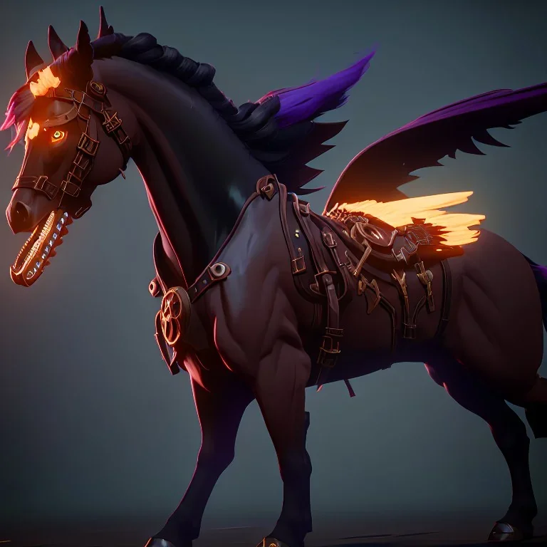  horse with black wings spewing flames from its mouth, steampunk, unreal 5, octane render, cinema4d, dynamic lighting, dramatic lighting, 4k, redshift render, highly detailed, hyper realistic