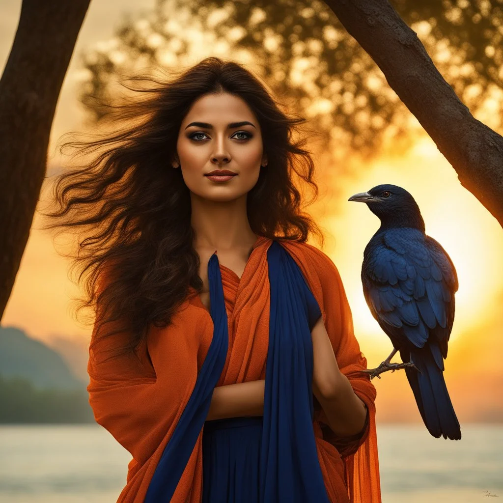 Hyper Realistic photographic-view of a Beautiful-Young-Happy-Pashto-Woman-with-a-bird-on-his-hand with navy-blue-dress-&-orange-shawl & breeze-whirling in a jungle-with-tall-trees & cloudy-sunset-&-sun-rays showing dramatic & cinematic ambiance