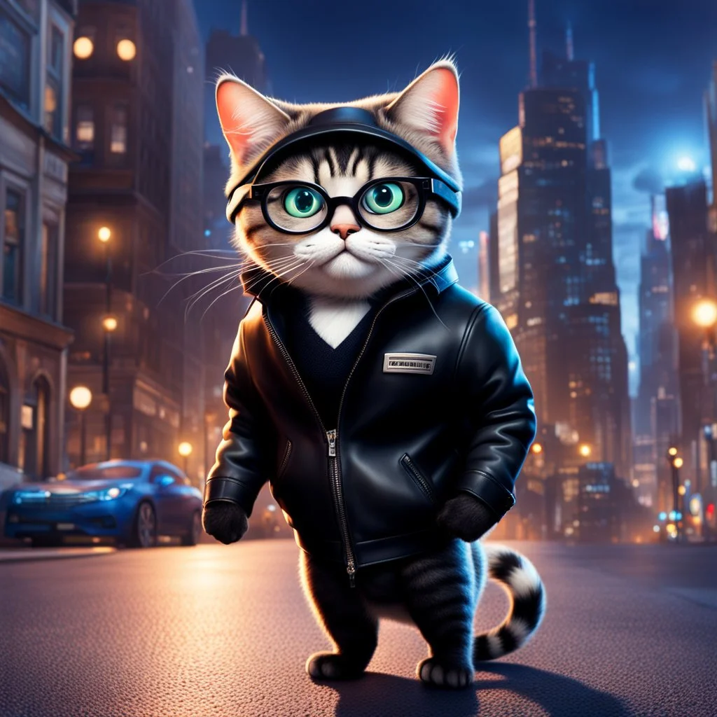 Gato antropomorfico con chaqueta negra, gafas negras, asustado, estilo Pixar, fondo de ciudad