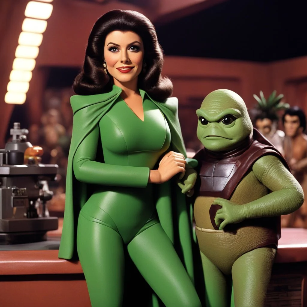 [1960’s stop-motion animation style in the cantina] a 70s advertisement video TV featuring youthful Marina Sirtis as Deanna Troy in a different tones of green velvet suit with a short cape, she is hugging youthful Princess Leia in her iconic Jabba's two pieces swimsuit; as a claymation character toy from a claymation horror movie in burning rainbow land, from hell, creepy Videos, strange creatures everywhere , as old advertisement shot on video VHS