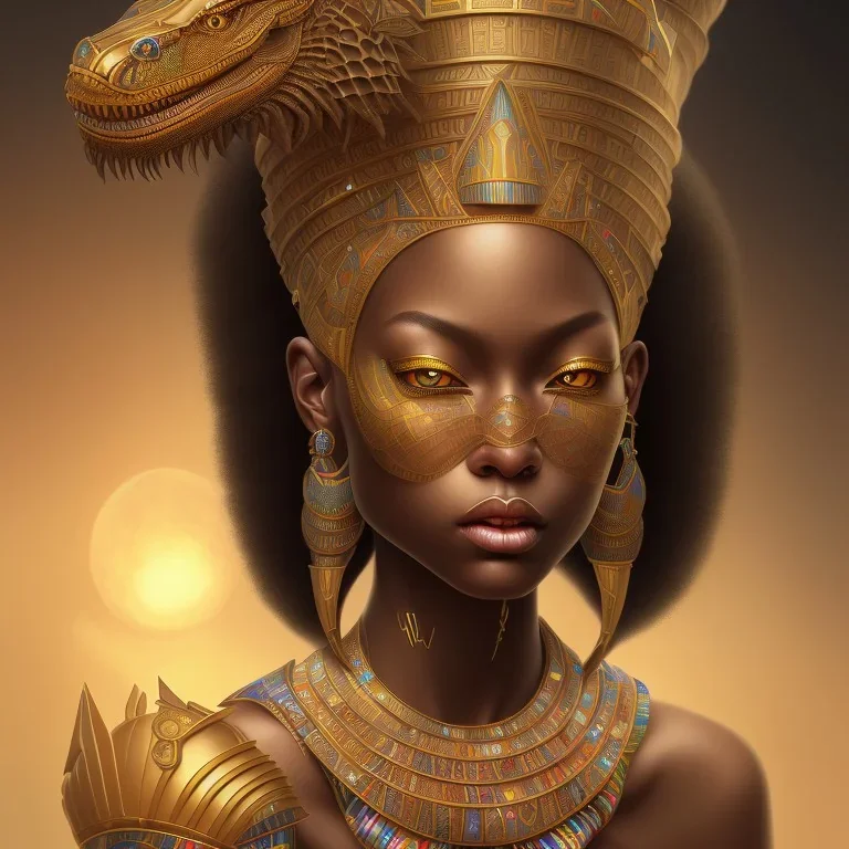 sango fantasy, fantasy magic, intricate, sharp focus, illustration, highly detailed, digital painting, concept art, matte, masterpiece head sexy Indonisian beauty black afro hair earth lady Golden alligator head Egyptian princess pyramid