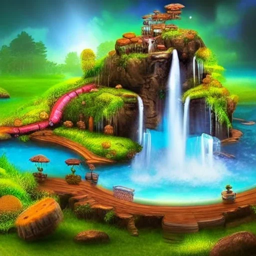 Cybeepunk picture, fantasy, Beautiful water falls, floating island