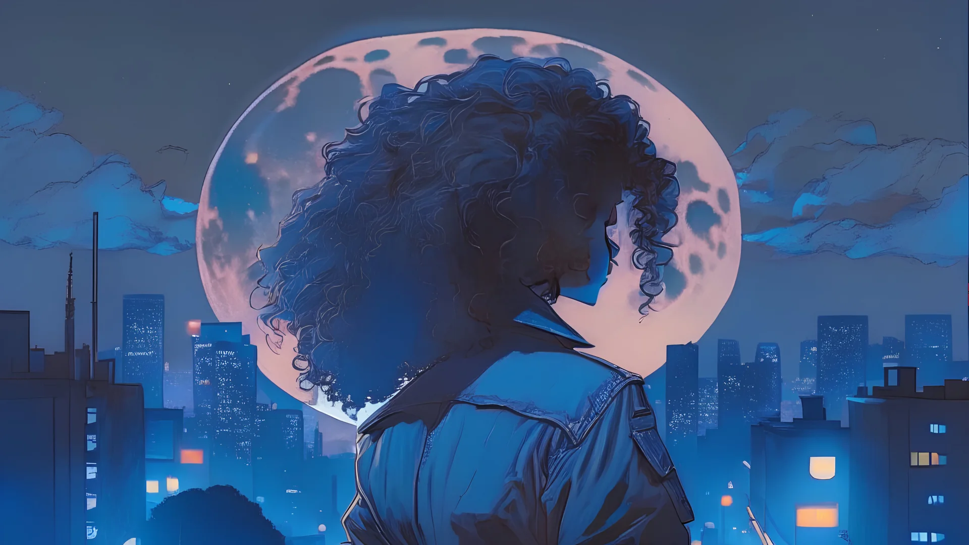 A dark, moody cover featuring a silhouette of a woman with curly hair wearing an old army jacket, cityscapes, full moon, sweet smooth beat lofi vibe, blue lofi tones