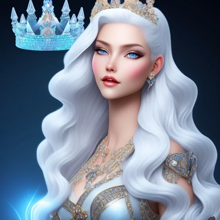 Ice Princess with white hair smilling, a crown with precious stones, bright background