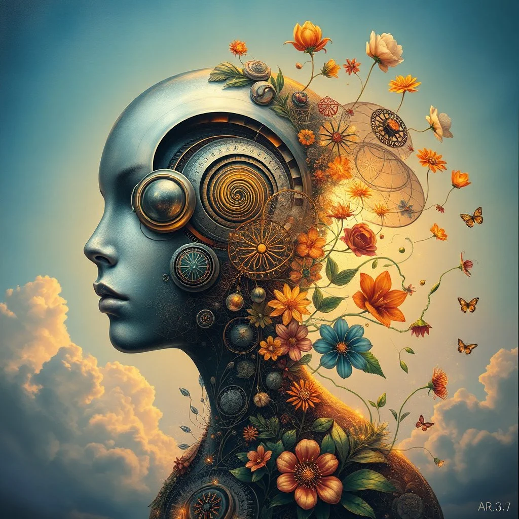 a dreamlike humanoid figure, its face dissolving into a swirl of metallic spirals, mirrored lenses, and abstract botanical shapes. The body flows into intricate glowing symbols and floral patterns that blend into the air. A soft radiant sky in the background gives the sense of the figure hovering between organic life, machinery, and pure imagination. Rich vibrant colors, surreal oil painting texture, poetic and mysterious --ar 3:4 --v 7 --style ultra --q 2