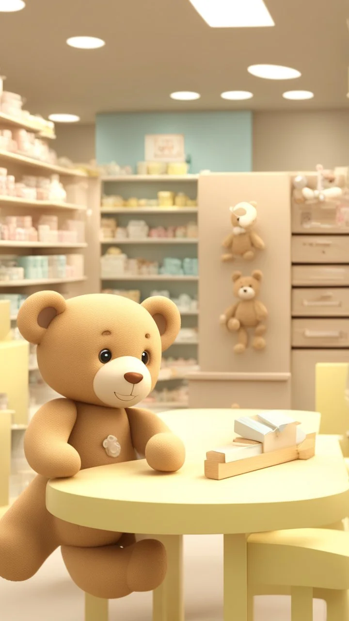 3d imge of teddy sit on table inside th middle of baby shop or baby store