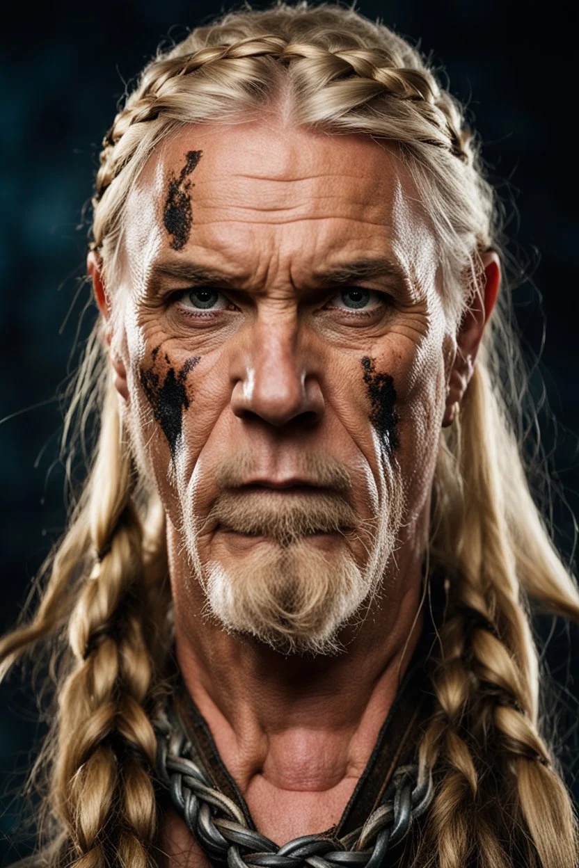 portrait of a 60-year-old viking , long blond hair with Two braids hung down neatly in front of his ears. Rugged face with a scar. blonde beard, fantasy