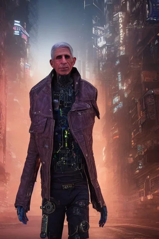 A portrait of post-apocalypse cyborg ANTHONY FAUCI in a cyberpunk city, sci-fi fantasy style, volumetric lighting,highly detailed,cinamatic,gold colours,8k, 3D octane render, lisa parker, dark, 8k.