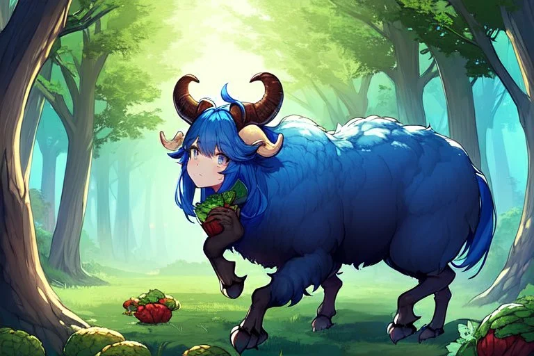 Girl goat horns, blue hair, clearing in forest, goat foot, cabbage in hand , hoof foot