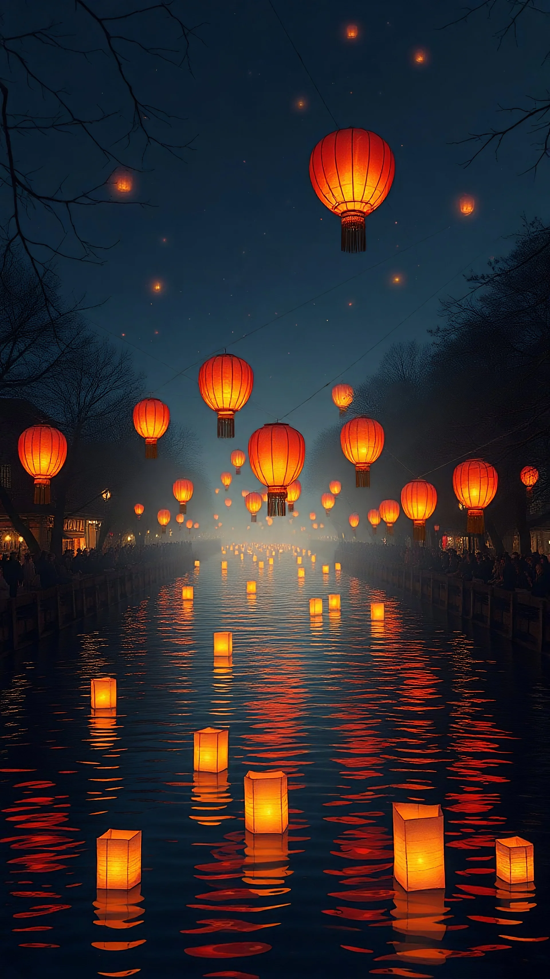 floating in the river ten lanterns , people are watching them on the river banks