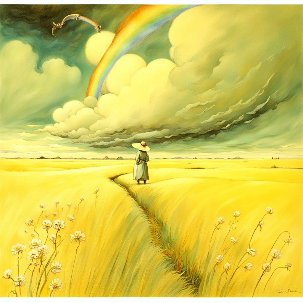 collaboration between Salvador Dali, Vincent Van Gogh, and Jean Baptiste Monge. Swirling rainbow storm clouds over a vast field of long grass and plentiful flowers swaying in the winds.