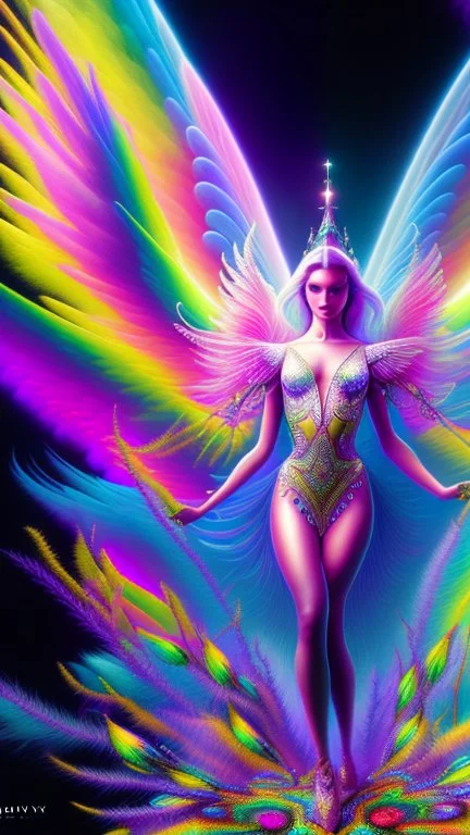 close up of a psychedelic angel flying in a magic forest full of coloured mushrooms, fluorescent, ultra detailed, photorealistic, Android Jones style