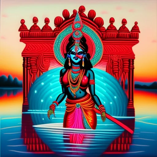 An oil painting of goddess Kali crossing a lake, neon red colors