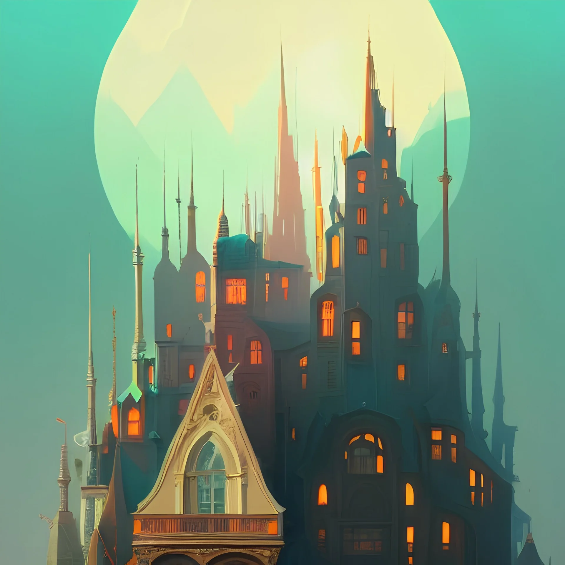 Skyline magic,Beaux Arts architecture,detailed facades,Book illustration by Gediminas Pranckevičius, Jean Baptiste Monge, Brian Kesinger, Anton fadeev, Kilian Eng, strong lines, high contrast vibrant colors, highly detailed, 16k resolution, trending on behance