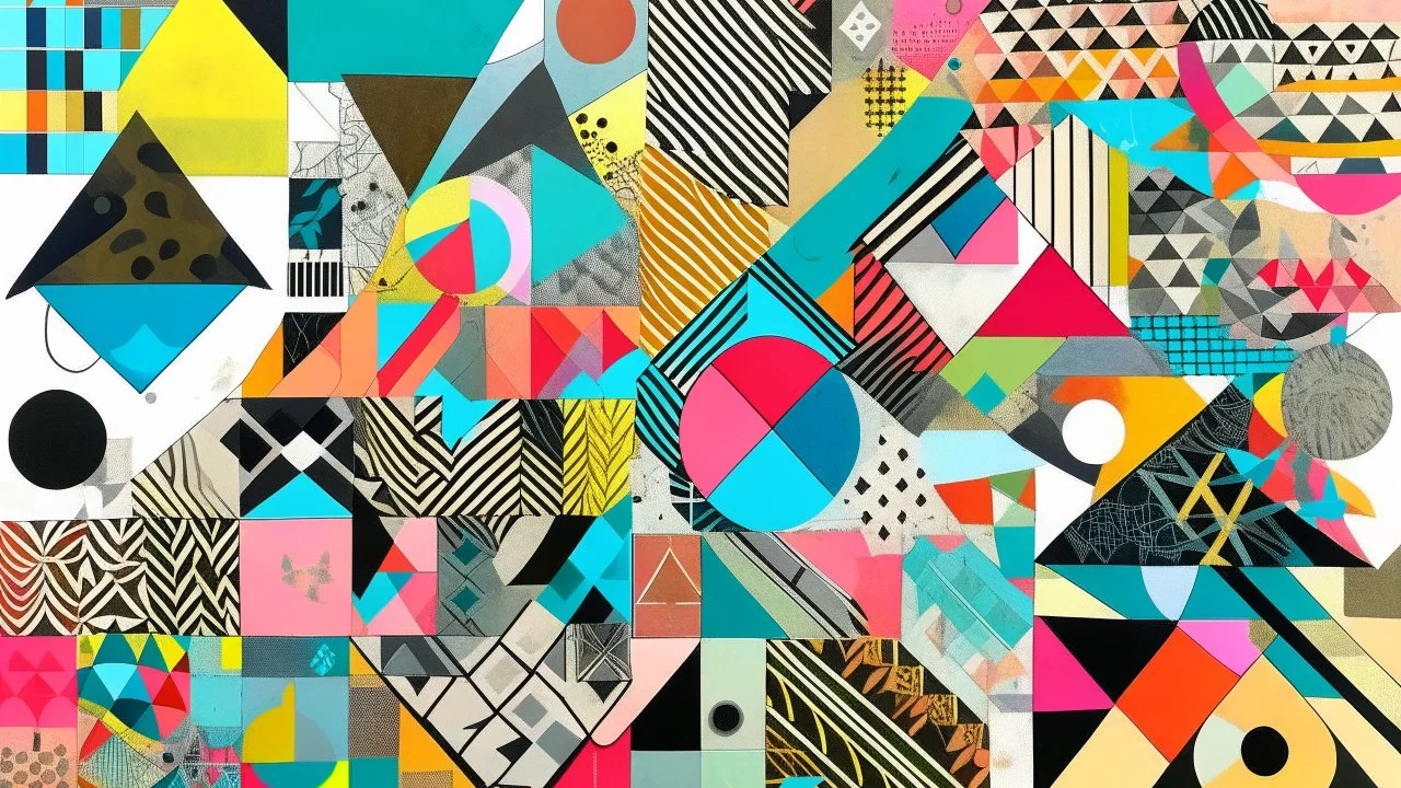 A collage of various abstract geometric shapes, patterns, and symbols in different colors and textures