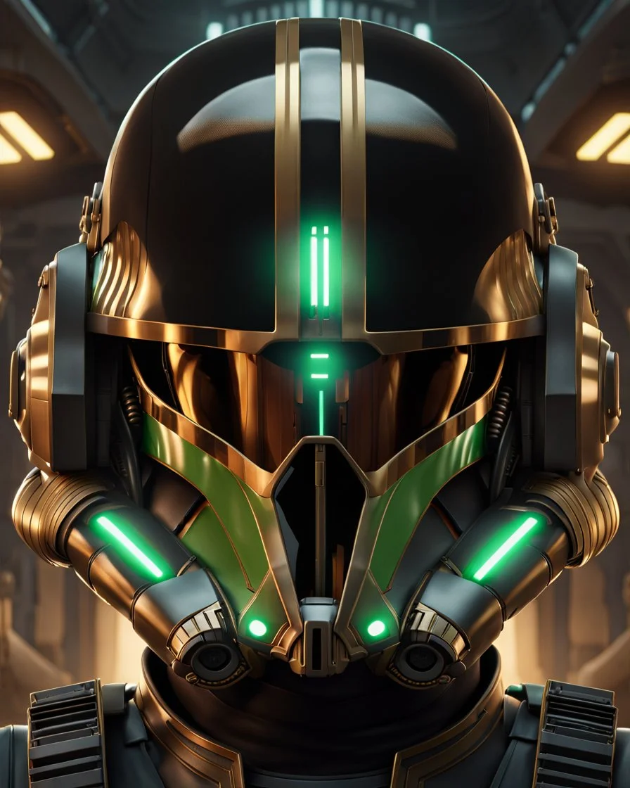 star wars bald male corellian pilot wearing black and bright gasoline green First Order special forces TIE pilot commando armored flightsuit and helmet with gold trim inside the jedi temple, centered head and shoulders portrait, hyperdetailed, dynamic lighting, hyperdetailed background, 8k resolution, volumetric lighting, light skin, fully symmetric details