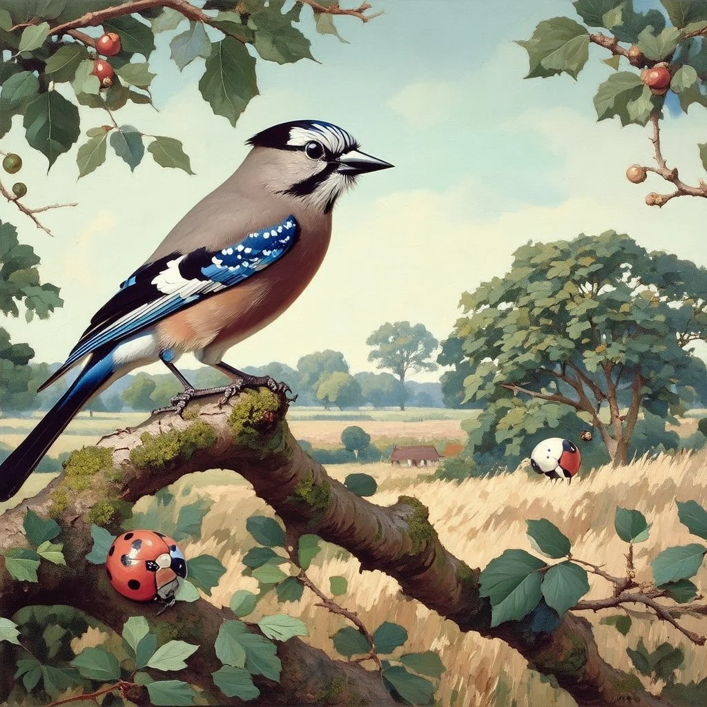 Wildlife painting in the style of Charles Tunnicliffe, showing a European Jay, perched upon the branch of a tree in the English countryside. Modifiers: oil on canvas Art Nouveau 1950s style oil on canvas wildlife art Charles Tunnicliffe ladybird books Art Nouveau oil on canvas oil on canvas
