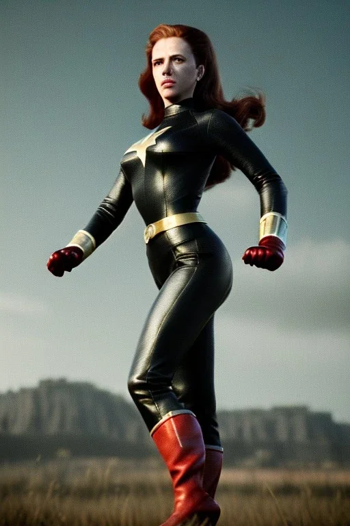 retro portrait image from 1960, sky background, wind, long red hair, fighting stance, sweet young Scarlett Johansson, black dress, classic long tight lycra black suit, gold bracelet and belt, high heel boots, superhero style, soft color, highly detailed, unreal engine 5, ray tracing, RTX, lumen lighting, ultra detail, volumetric lighting, 3d, finely drawn, high definition, high resolution.