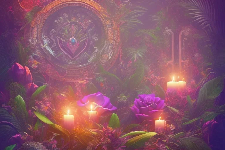 love, high contrast, Tropical flowers,heart drawing, crystals, tropical leaves, sacred altar, Fantasy temple,