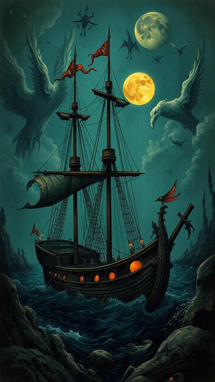 Hieronymus Bosch style nightmares pirates ship