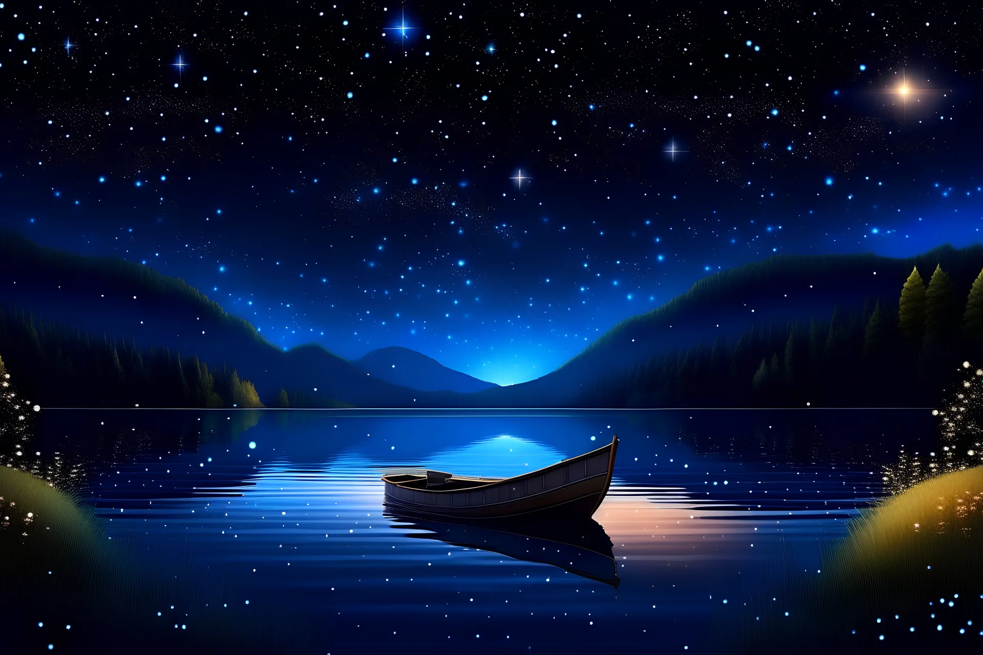 "Generate an image depicting a quaint lake at night. Show a starry sky with twinkling stars overhead. Include a magical boat named Stardust with big, shiny boat parked on a lake.