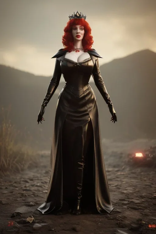 Christina Hendricks as evil queen in black leather gown, cleavage, angry, unreal 5, octane render,cinema4d, dynamic lighting, dramatic lighting, 4k, redshift render, highly detailed, hyper realistic