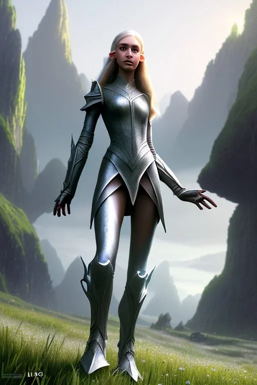 elven young woman, wearing light dress, happy expression, visible ultradetailed armonious cute femine face, visible ultradetailed legs feet hands and pointy ears, luminous weather, field in the mountains, ultra realistic, concept art, intricate details, highly detailed, photorealistic, octane render, 8 k, unreal engine, art by artgerm and greg rutkowski and charlie bowater and magali villeneuve and alphonse mucha