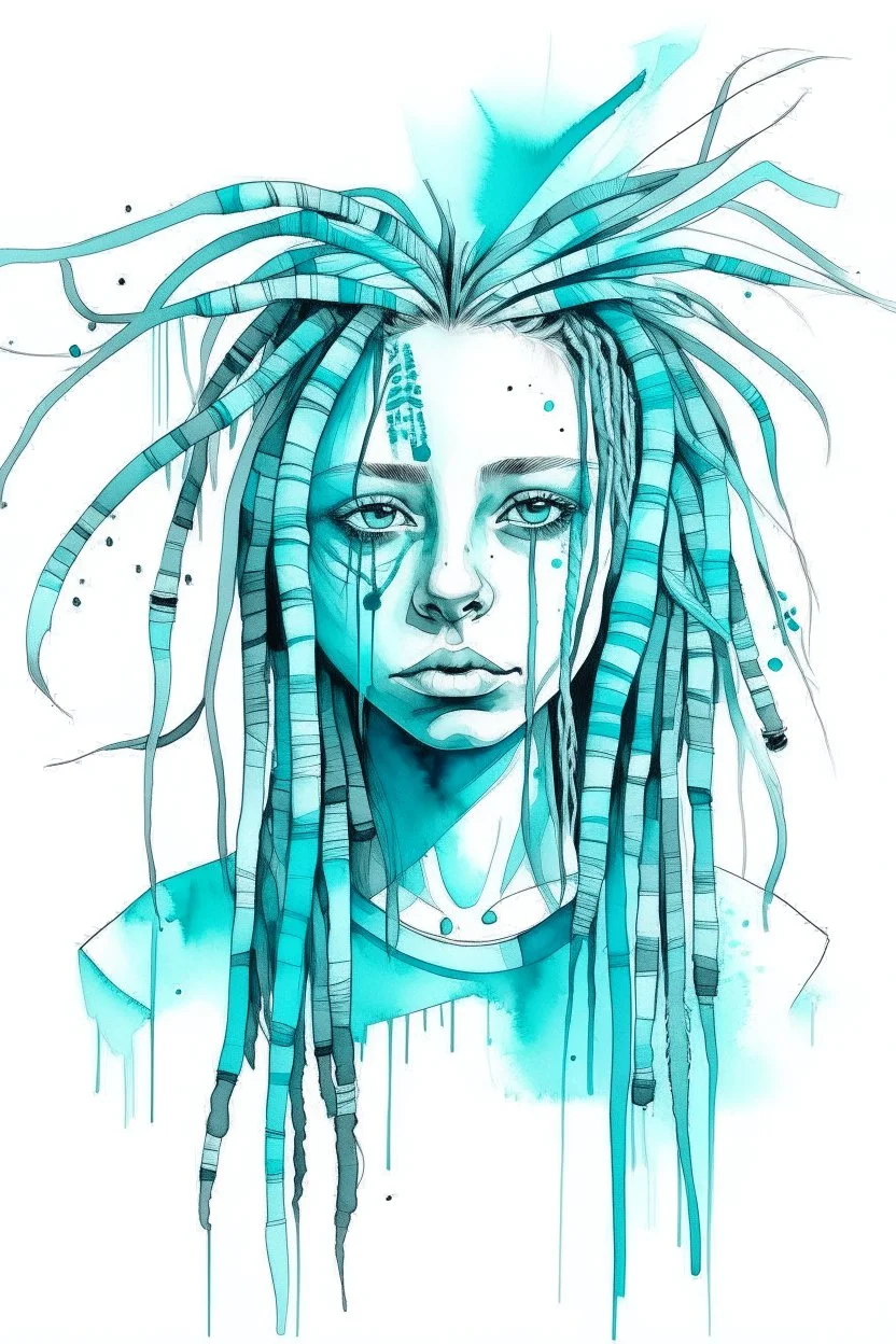 Watercolor white and cyan dreadlocks girl