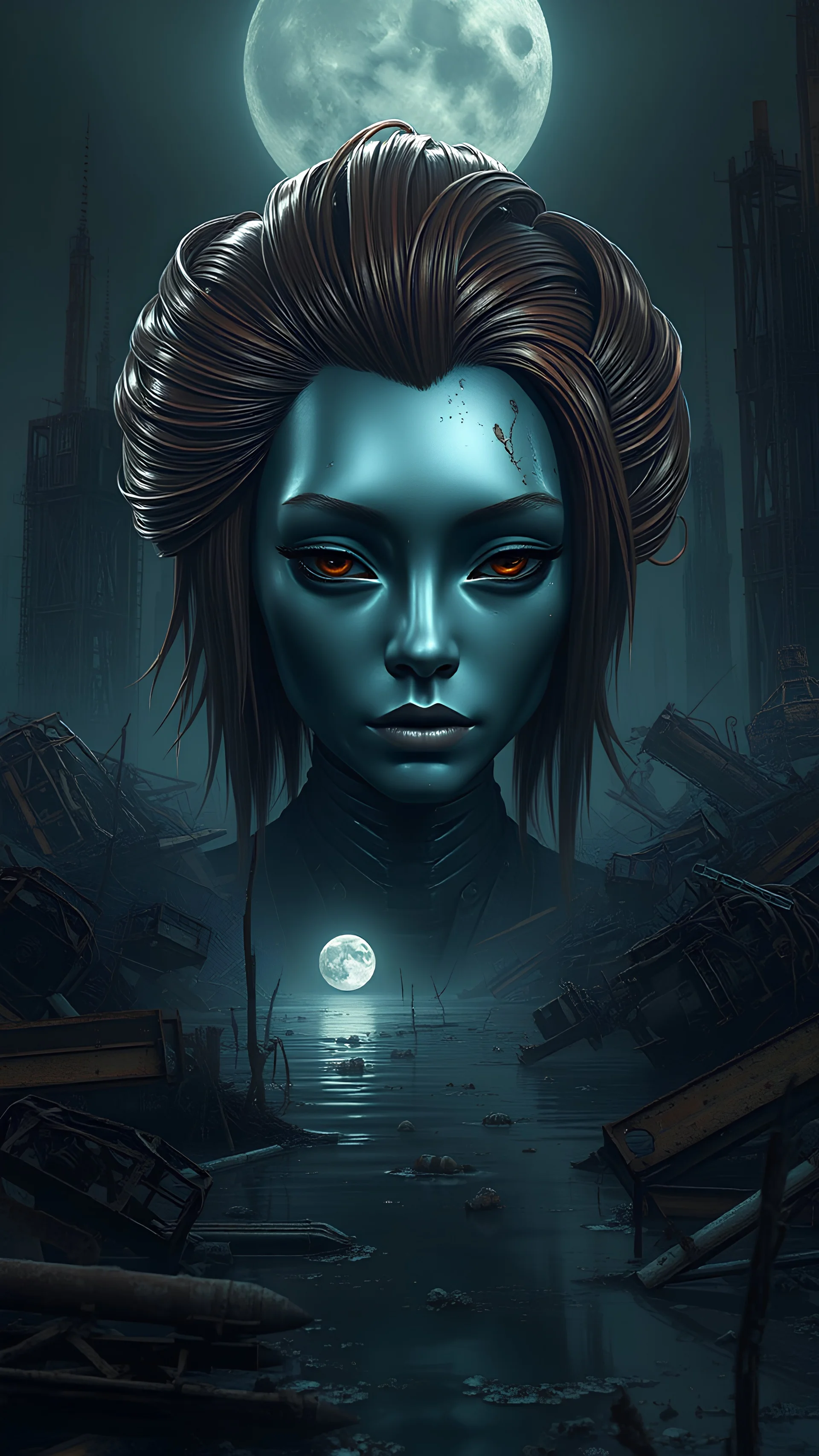 swamp, A haunting night scene of a metallic model geisha face being manifested amidst towering piles of rusty scrap metal in a swamp, her copper hair reflecting the solemn moonlight over a alien spaceship crash site, captured in intricate, photorealistic detail evoking the brilliant artistry of Don Maitz, Greg Rutkowski, loish, Rhads, beeple, Makoto Shinkai, Lois van Baarle, Ilya Kuvshinov, Rossdraws, Tom Bagshaw