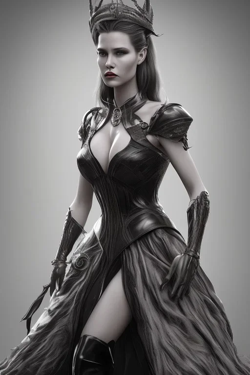 Jennifer Anishton as evil queen in black leather gown, cleavage, angry, dominant, emperious, stern look unreal 5, octane render,cinema4d, dynamic lighting, dramatic lighting, 4k, redshift render, highly detailed, hyper realistic