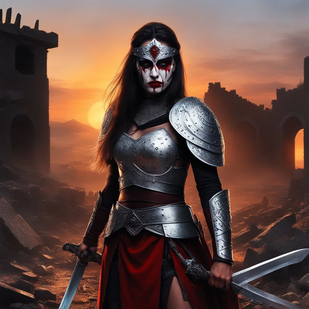 [photorealistic art by Mil Mascaras] she stands, her chainmail stained with blood and dust, stands amidst the ruins of her village, haunted by the horrors of her past. As she embarks on a vengeful quest at sunset, her sword hungers for justice, fueled by the betrayal that scarred her soul. Guided by shadows of past misdeeds, she seeks a reckoning that will bring closure to the tragedy that befell her home.