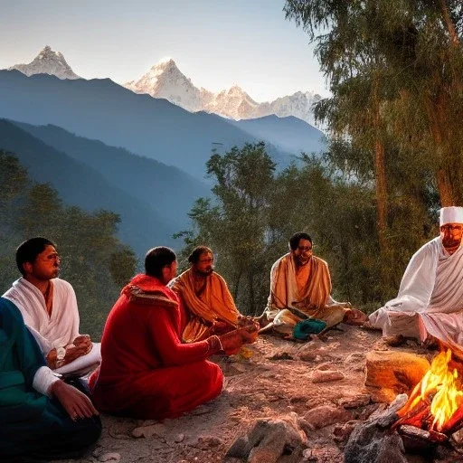 mystical indian guru teaching his group of disciple in adoration in himalaya, around a fire at sunrise