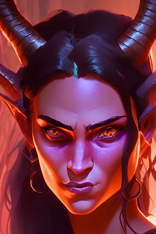 actress megan fox, purple skin, devil horns, pretty soft female face, smile