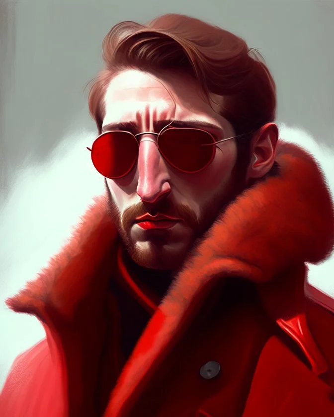 a young man who looks like hans gruber wearing a heavy coat and red sunglasses staring with an irritated look on his face