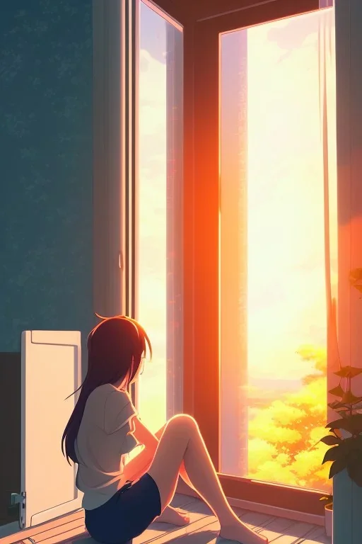 anime style illustration, sad girl sitting on the balcony, looking out of the window, sunset, breeze, shot from inside the house, grain, makoto shinkai, key visual