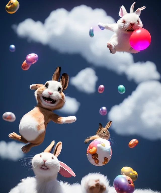 Ultra realistic speed clouds sky scene, wide angle view, childs falling down with many Childs background, rabbit head, inflatable monsters, circus dress style, feather color, free jumping flying, many trinkets, hair monster, many jelly beans, balls, color smoke, smile, happy, extreme, wind, clouds sea, 20,000 feet altitude, stratosphere, soft color, highly detailed, unreal engine 5, ray tracing, RTX, lumen lighting, ultra detail, volumetric lighting, 3d, finely drawn, high definition.