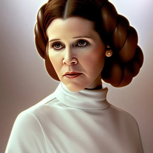 wide angle stunning photo realistic portrait of carrie fisher as Princess Leia in star wars with photo realistic fine and very simple hairstyle, brown eyes, eos5d mark 4, ef 85mm 5.6, professional majestic photo realistic painting by Ed Blinkey, Atey Ghailan, by Jeremy Mann, Greg Manchess, Antonio Moro, trending on ArtStation, Intricate, High Detail, Sharp focus, dramatic, by greg rutkowski, realism, beautiful and detailed lighting,