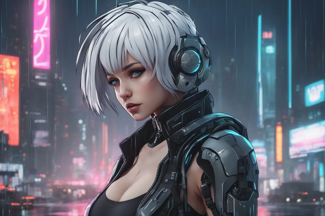 Lucy with Body parts mechanism in 8k cyberpunk anime draw style, white short hair, cyberpunk them, neon effect, rain, close picture, highly detailed, high details, detailed portrait, masterpiece,ultra detailed, ultra quality