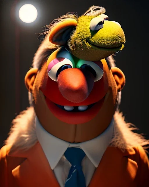 Waist up Portrait, Donald trump muppet, Sesame Street style, retro style, unreal engine 5, god lights, ray tracing, RTX, lumen lighting, ultra detail, volumetric lighting, 3d.