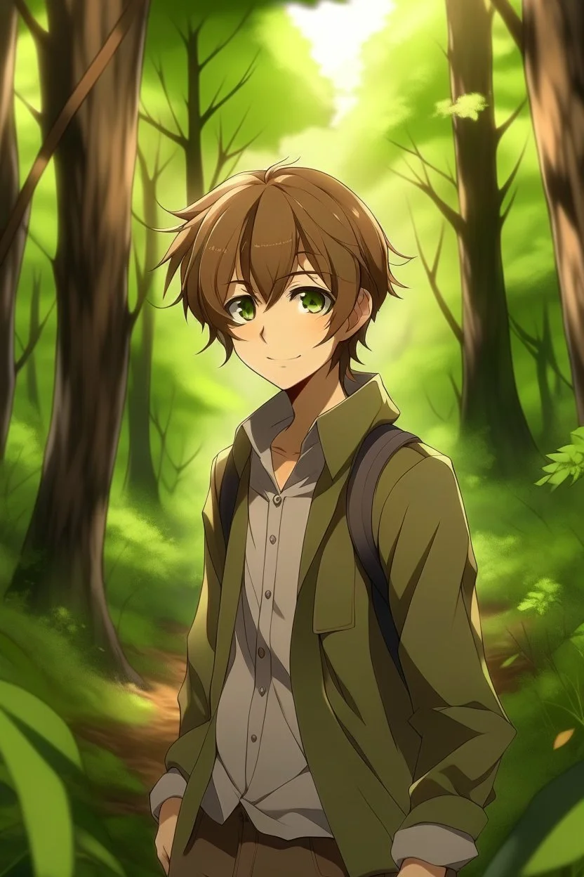 Brown haired anime boy in the woods