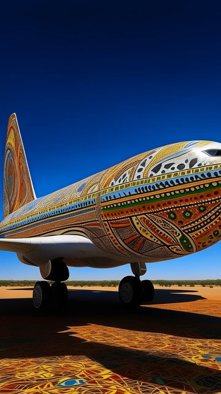 A white jet in the sky designed in Australian aboriginal art