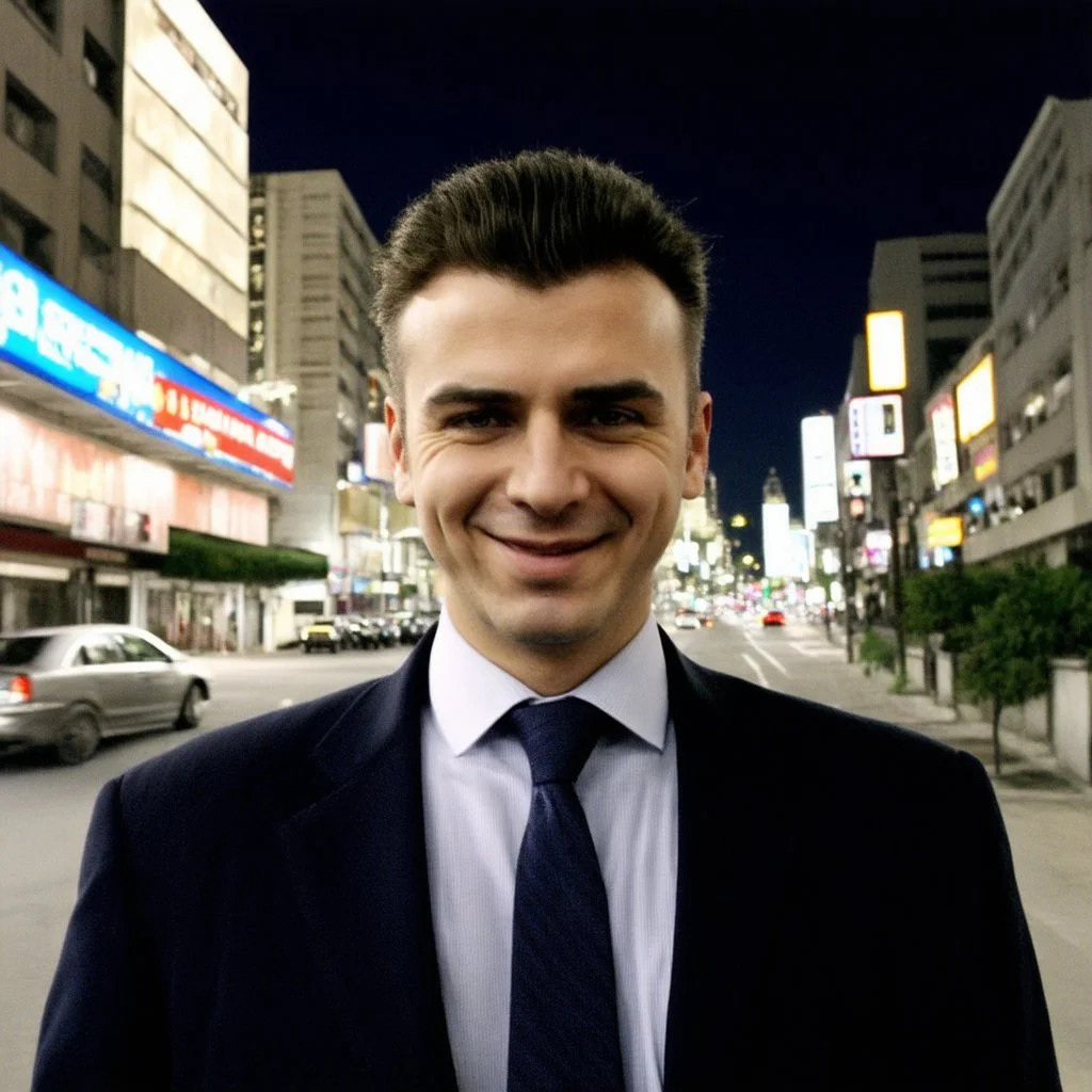 very grainy discolored photo, face portrait, empty night street, grunge, 2000s Russia, businessman, extremely gaunt, haughty, dangerous smile, perfect looking, striking features, nice suit, extremely pale skin, inhuman