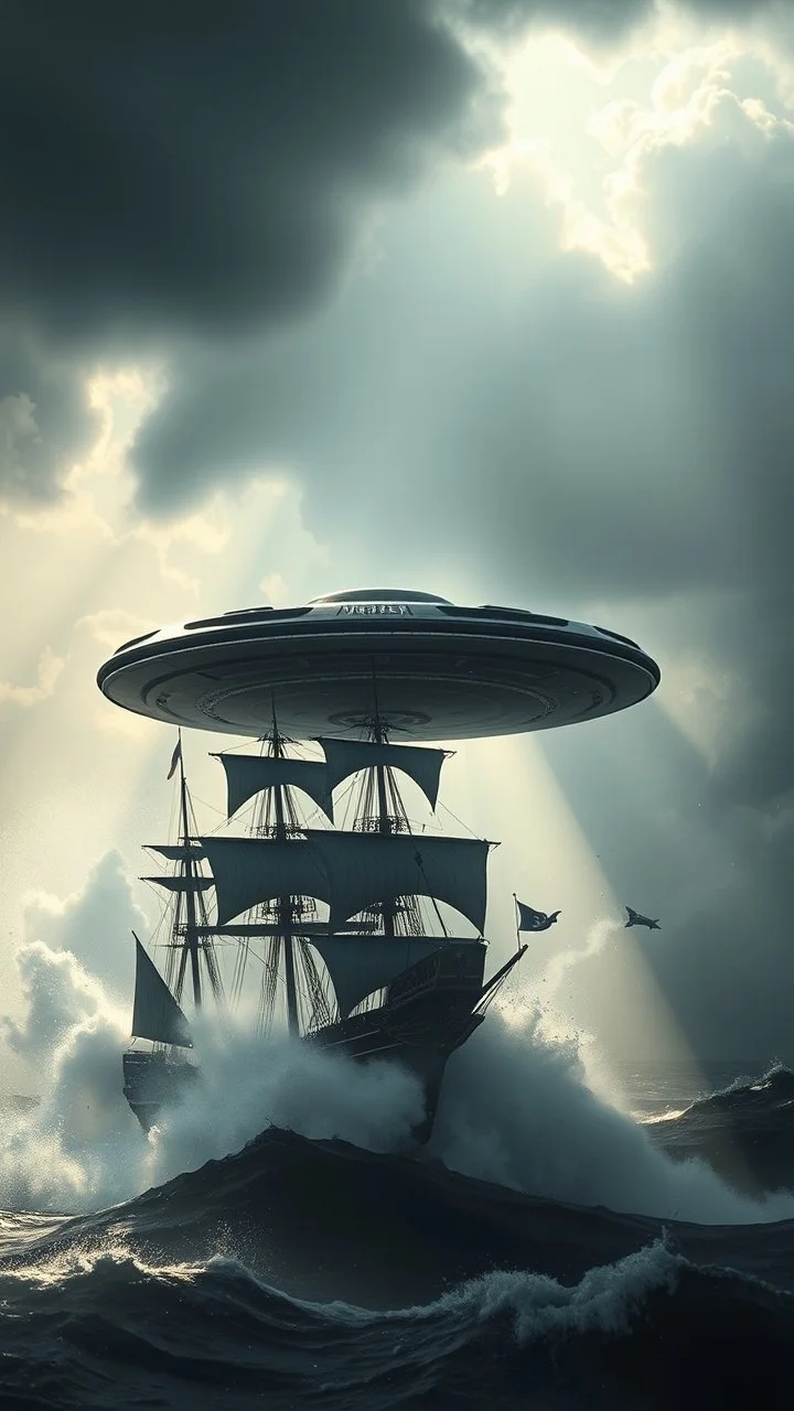 A ufo hovering above three pirate sailing ship emerges from the heart of a raging storm. Turbulent windsm of steam swirl around the iconic structure, lit by shafts of sunlight that cast dramatic shadows on the A large UFO spacecraft hovering by over three pirate’s saling ship