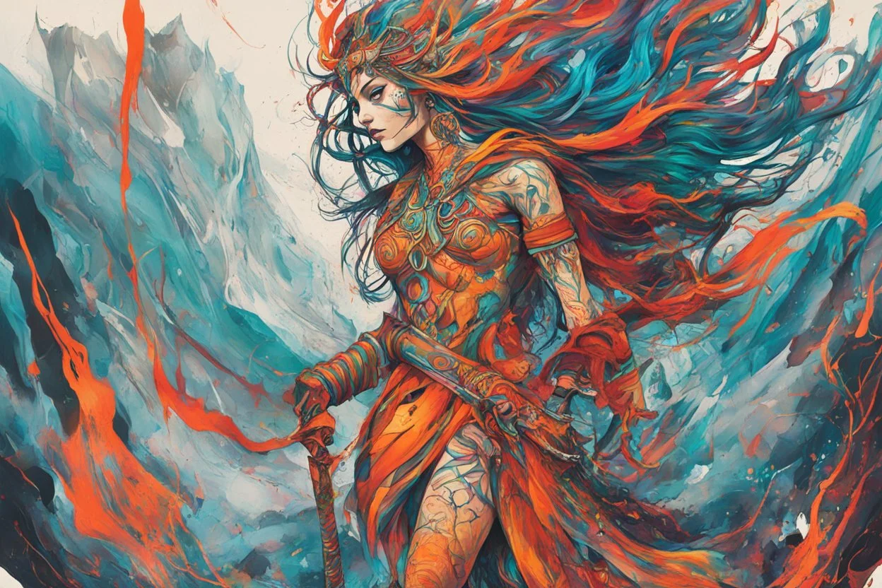 create an abstract expressionist full body illustration of a deeply spiritual, ethereal, darkly magical, epic nomadic tundra huntress with highly detailed and deeply cut facial features, searing lines and forceful strokes, precisely drawn, inked, with vibrant striking colors