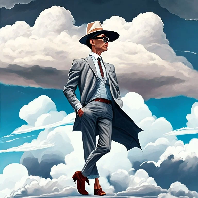 Gustavo Petro traje gris sombrero de ala ancha mirando de frente estilo caricatura detallado colores contrastantes cuerpo completo clima cálido sol nubes