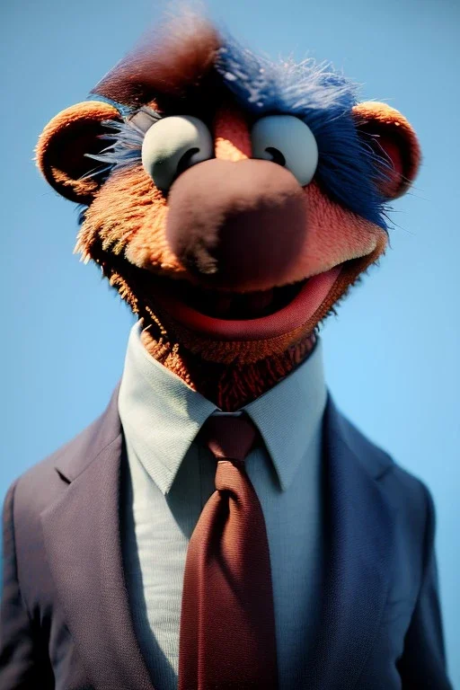 Realistic image, hybrid formed by muppet head and human body, Shirt and tie, concept art, smooth, unreal engine 5, god lights, ray tracing, RTX, lumen lighting, ultra detail, volumetric lighting, 3d, finely drawn, high definition, 4k.