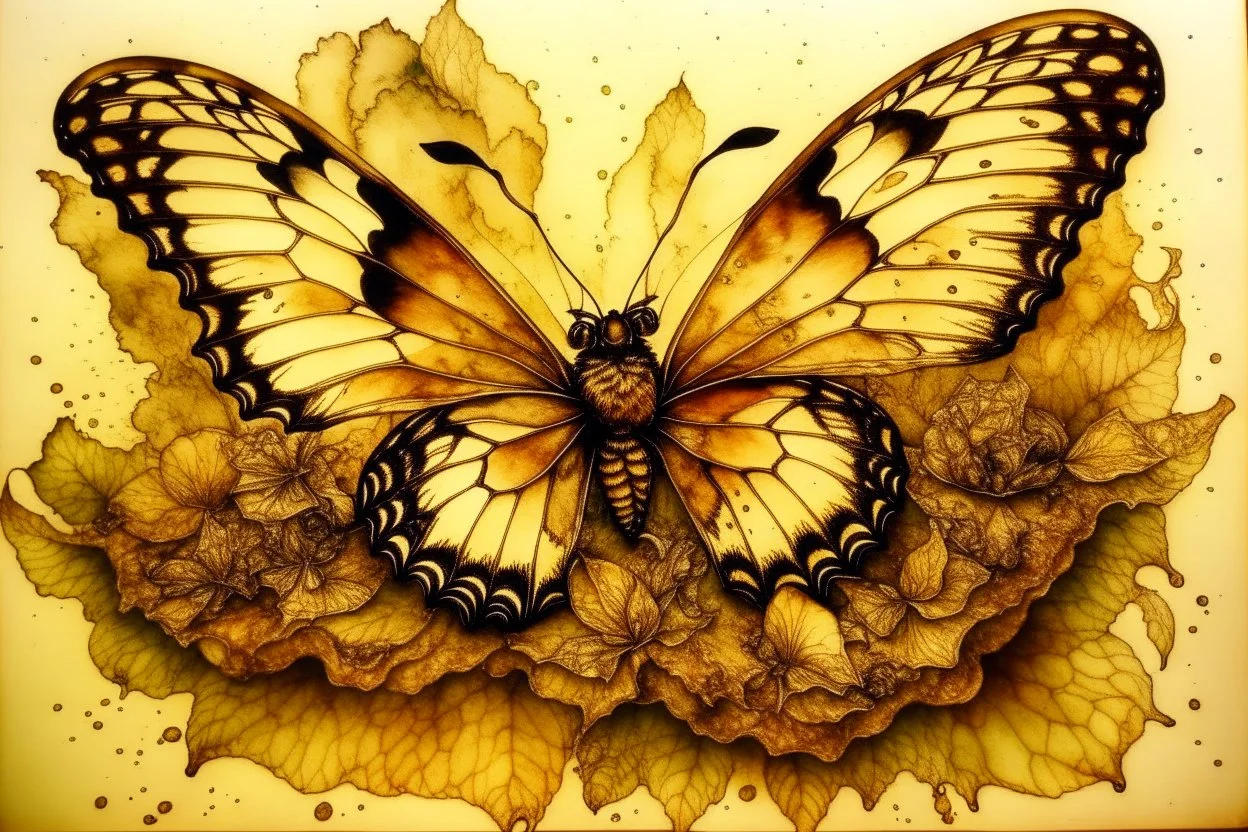 double exposure salad platter butterfly Jean Baptiste Monge watercolor and ink S<AI double exposure burned brown sepia colors abstract lines pastel colors golden glitter ink contours