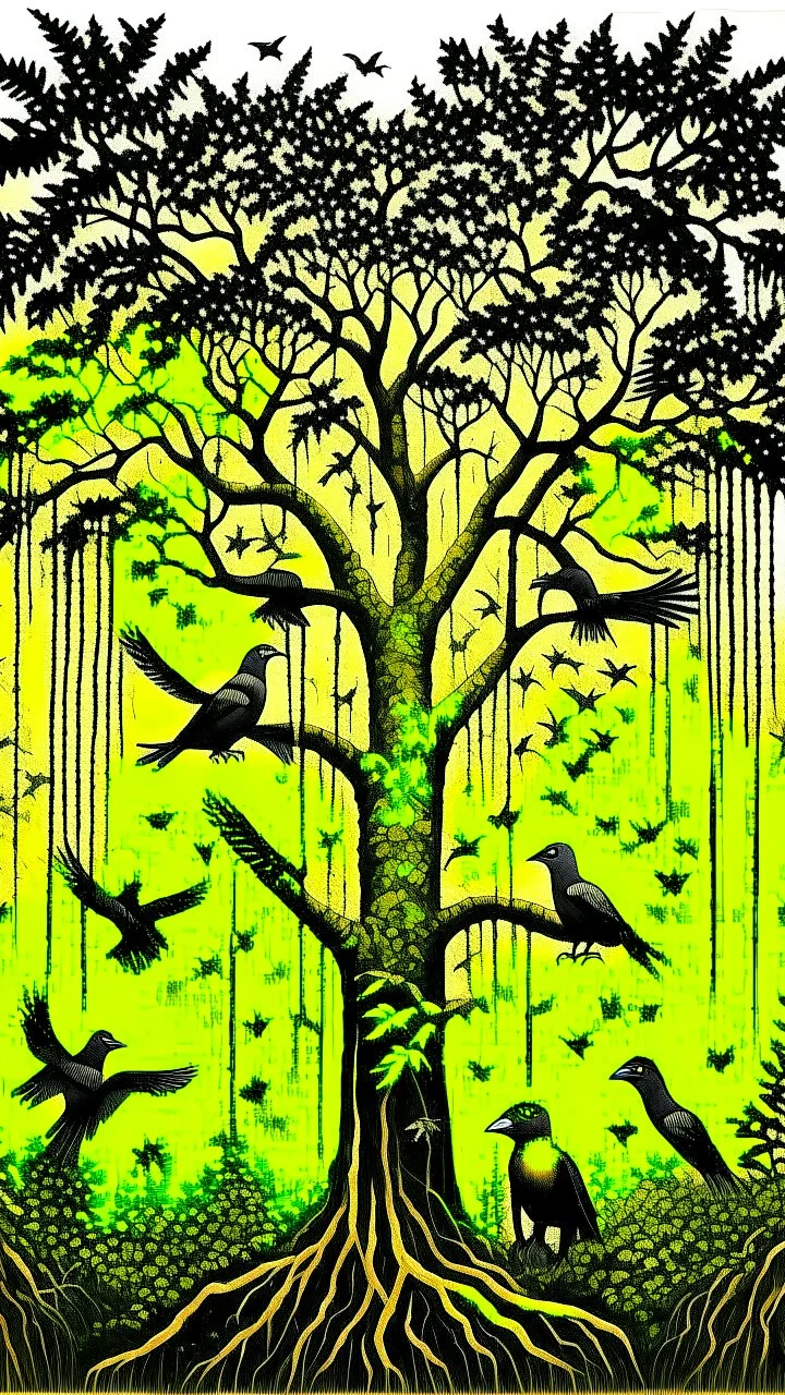 Jungle birds flying around big tall tree, painting, yellow and black